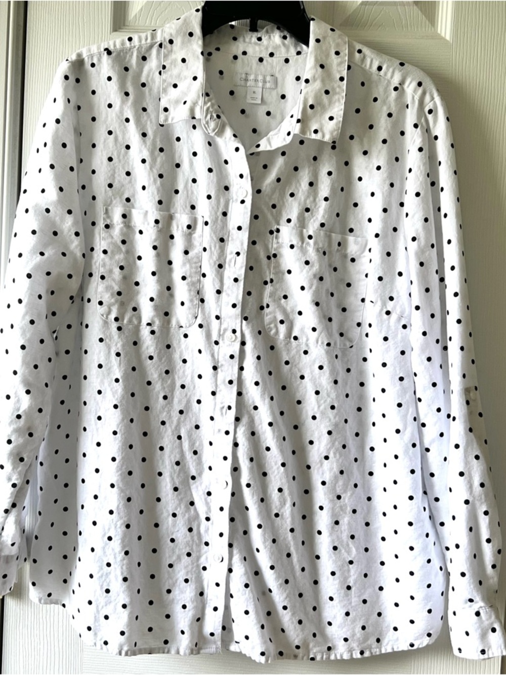 Charter Club White Button-Up Blouse with Black Polka Dots